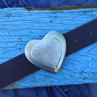 Black Leather Belt, Heart Buckle in Hand Cast Pewter, by William Sturt