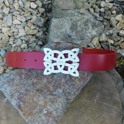Red Leather Belt, Celtic Rectangel Buckle in Hand Cast Pewter, by William Sturt