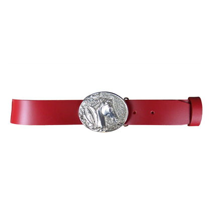 Red Leather Belt, Horse Buckle in Hand Cast Pewter, by William Sturt