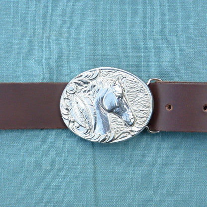 Brown Leather Belt, Cheval Buckle in Hand Cast Pewter, by William Sturt