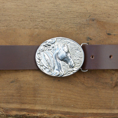 Brown Leather Belt, Cheval Buckle in Hand Cast Pewter, by William Sturt