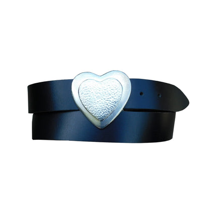 Black Leather Belt, Heart Buckle in Hand Cast Pewter, by William Sturt