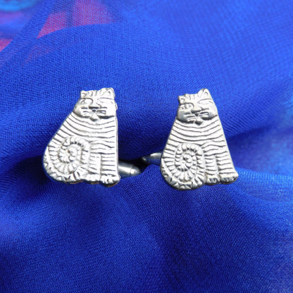 Striped Cat Cufflinks, Handcast Pewter Cufflinks, Polished Finish