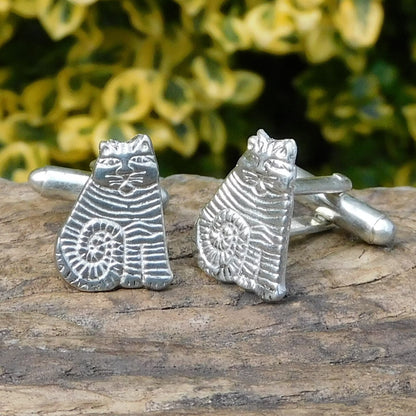 Striped Cat Cufflinks, Handcast Pewter Cufflinks, Polished Finish