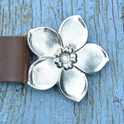 Brown Leather Belt, Ceinture Forget Me Knot Buckle in Hand Cast Pewter, by William Sturt
