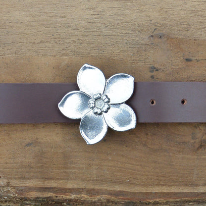 Brown Leather Belt, Ceinture Forget Me Knot Buckle in Hand Cast Pewter, by William Sturt