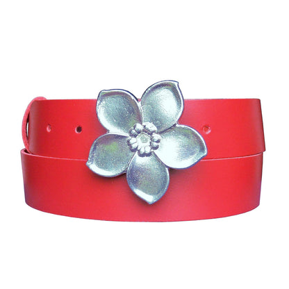 Red Leather Belt, Ceinture Forget Me Knot Buckle in Hand Cast Pewter, by William Sturt