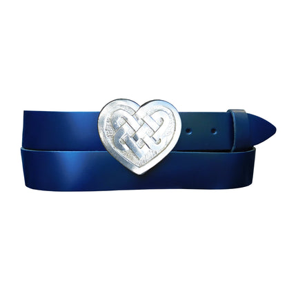 Blue Leather Belt, Celtic Heart Buckle in Hand Cast Pewter, by William Sturt