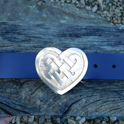 Blue Leather Belt, Celtic Heart Buckle in Hand Cast Pewter, by William Sturt