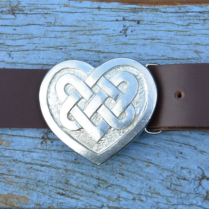 Blue Leather Belt, Celtic Heart Buckle in Hand Cast Pewter, by William Sturt