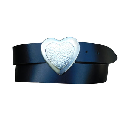 Black Leather Belt, Heart Buckle in Hand Cast Pewter, by William Sturt
