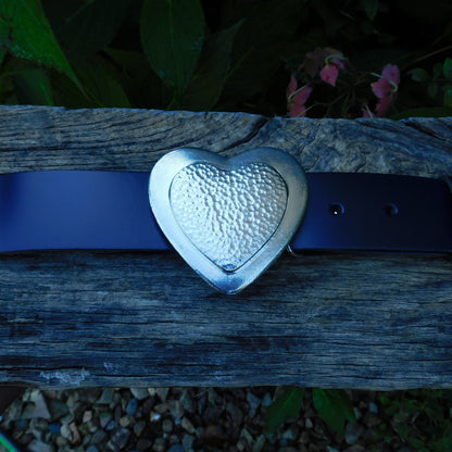 Black Leather Belt, Heart Buckle in Hand Cast Pewter, by William Sturt