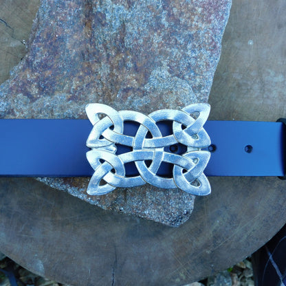 Blue Leather Belt, Celtic Rectangel Buckle in Hand Cast Pewter, by William Sturt