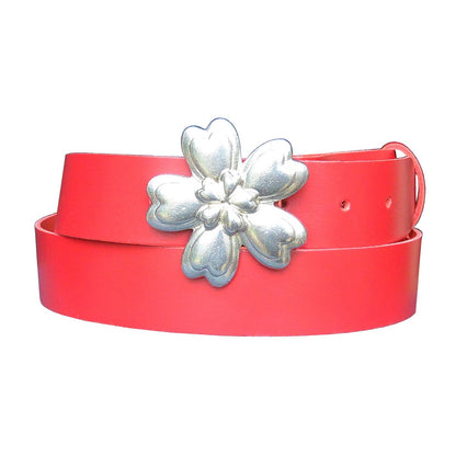 Red Leather Belt, Celtic. Flower Buckle in Hand Cast Pewter, by William Sturt