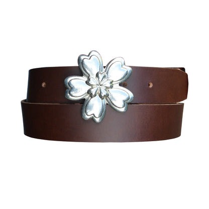 Brown Leather Belt, Celtic. Flower Buckle in Hand Cast Pewter, by William Sturt