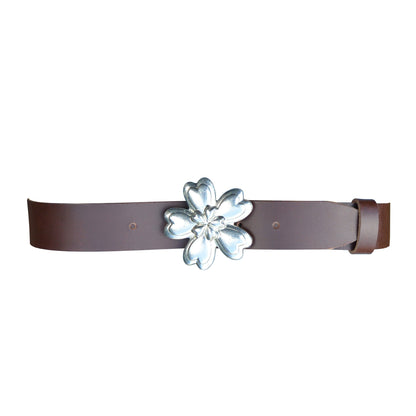 Brown Leather Belt, Celtic. Flower Buckle in Hand Cast Pewter, by William Sturt
