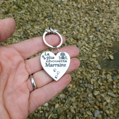 French Godmother Keyring, La Plus Chouette Marraine, Personnalised Godmother Keyring, Handmade, in Finest Pewter, by William Sturt