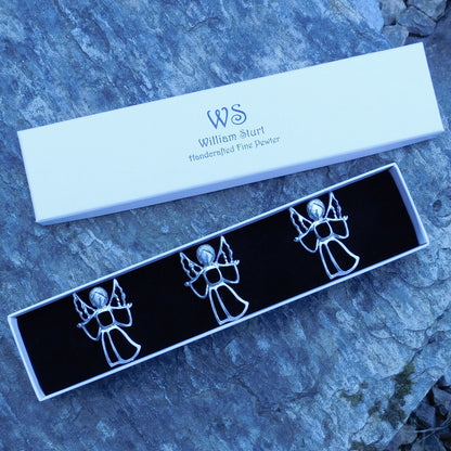 Set of Angel Candle Pins, Three Candle Pins, Angel Candle Decorations, Handmade, in Finest Pewter, by William Sturt