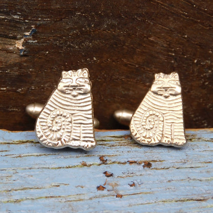 Striped Cat Cufflinks, Handcast Pewter Cufflinks, Polished Finish