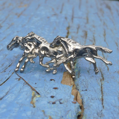 Three Galloping Horses Scarf Ring, Handcast Pewter, Polished Finish