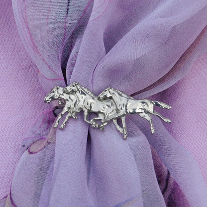Three Galloping Horses Scarf Ring, Handcast Pewter, Polished Finish