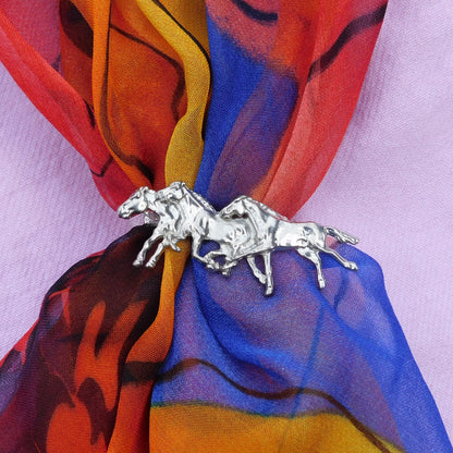 Three Galloping Horses Scarf Ring, Handcast Pewter, Polished Finish