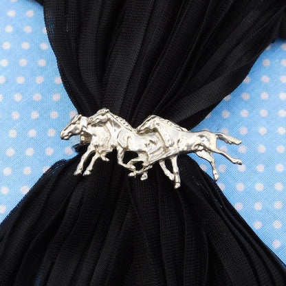 Three Galloping Horses Scarf Ring, Handcast Pewter, Polished Finish