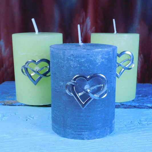Set of Infinity Heart Candle Pins, Three Infinity Heart Candle Decorations, Handmade, in Finest Pewter, by William Sturt