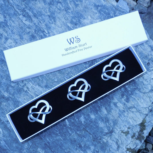 Set of Infinity Heart Candle Pins, Three Infinity Heart Candle Decorations, Handmade, in Finest Pewter, by William Sturt