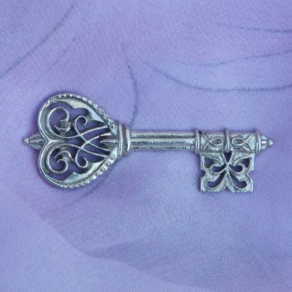 Key Brooch (Ornate Design), Handcast Pewter, Polished Finish