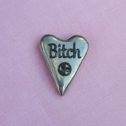 Bitch BDSM Heart Pocket Token, BDSM Accessories, Sub Aftercare Token, Aftercare Submissive, Handmade, in Fine Pewter, by William Sturt
