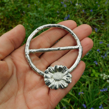 Daisy Scarf Ring, Oak Twig Circle, Handcast Pewter, Polished Finish