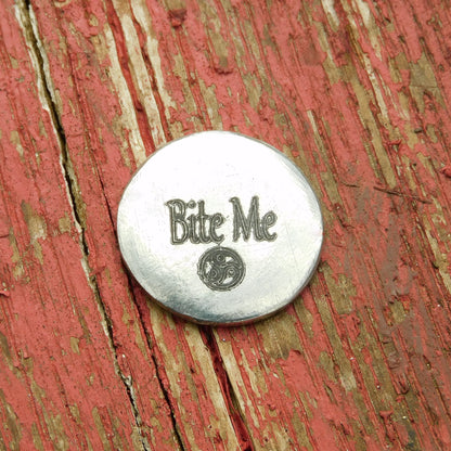 Bite Me Token, BDSM Pocket Token, BDSM Accessories, Sub Aftercare Token, Aftercare Submissive, Handmade, in Fine Pewter, by William Sturt