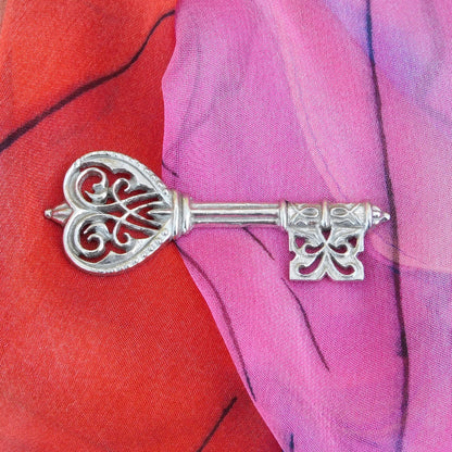 Key Brooch (Ornate Design), Handcast Pewter, Polished Finish