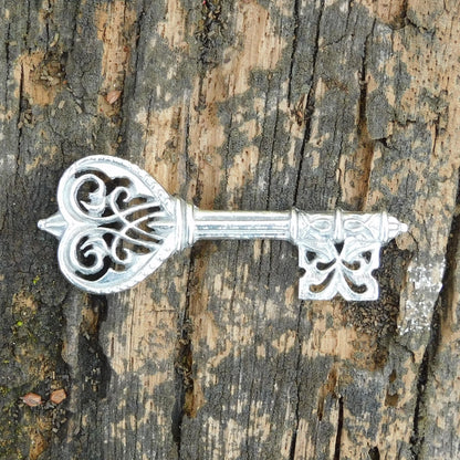Key Brooch (Ornate Design), Handcast Pewter, Polished Finish