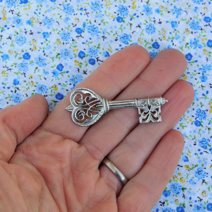 Key Brooch (Ornate Design), Handcast Pewter, Polished Finish