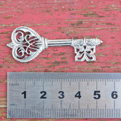 Key Brooch (Ornate Design), Handcast Pewter, Polished Finish