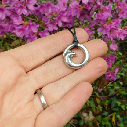 Maori Wave Pendant Necklace (Small), Handcast Pewter Pendant on Adjustable Waxed Cord