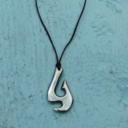 Maori Fish Hook Pendant Necklace (Axe Design), Handcast Pewter Pendant on Adjustable Waxed Cord