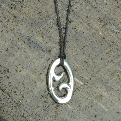 Koru Pendant Necklace (Oval Spiral Design), Maori-Inspired Handcast Pewter Pendant on Adjustable Waxed Cord