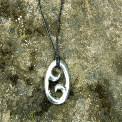Koru Pendant Necklace (Oval Spiral Design), Maori-Inspired Handcast Pewter Pendant on Adjustable Waxed Cord