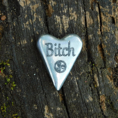 Bitch BDSM Heart Pocket Token, BDSM Accessories, Sub Aftercare Token, Aftercare Submissive, Handmade, in Fine Pewter, by William Sturt