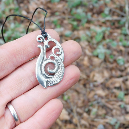 Engraved Manaia Pendant Necklace, Handcast Pewter Pendant on Adjustable Waxed Cord