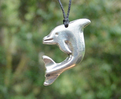Leaping Dolphin Pendant Necklace, Handcast Pewter Pendant on Adjustable Waxed Cord