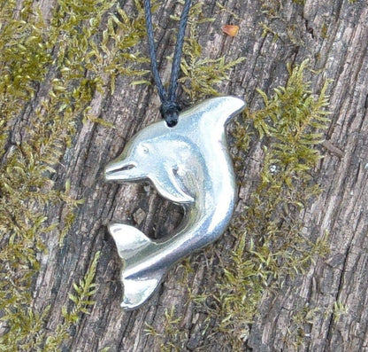 Leaping Dolphin Pendant Necklace, Handcast Pewter Pendant on Adjustable Waxed Cord