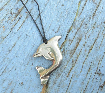 Leaping Dolphin Pendant Necklace, Handcast Pewter Pendant on Adjustable Waxed Cord