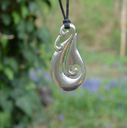Fish Hook Pendant Necklace (Simple Curved Design), Maori-Inspired Handcast Pewter Pendant on Adjustable Waxed Cord