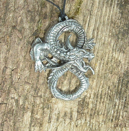 Dragon Pendant Necklace, Handcast Pewter on Adjustable Waxed Cord