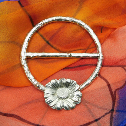 Daisy Scarf Ring, Oak Twig Circle, Handcast Pewter, Polished Finish