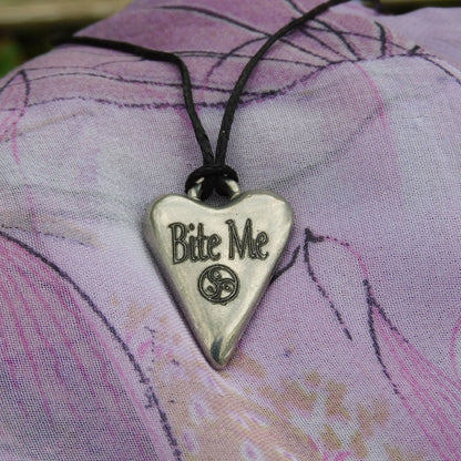 Bite Me, BDSM Pendant, Knotted Cord, BDSM Accessories, Sub Pendant, Sub Anklet, Sub Bracelet, Handmade, in Fine Pewter, by William Sturt